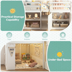 Twin Size Loft Bed with LED Lights and Kids Wooden Bed Frame-White