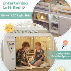Twin Size Loft Bed with LED Lights and Kids Wooden Bed Frame-White