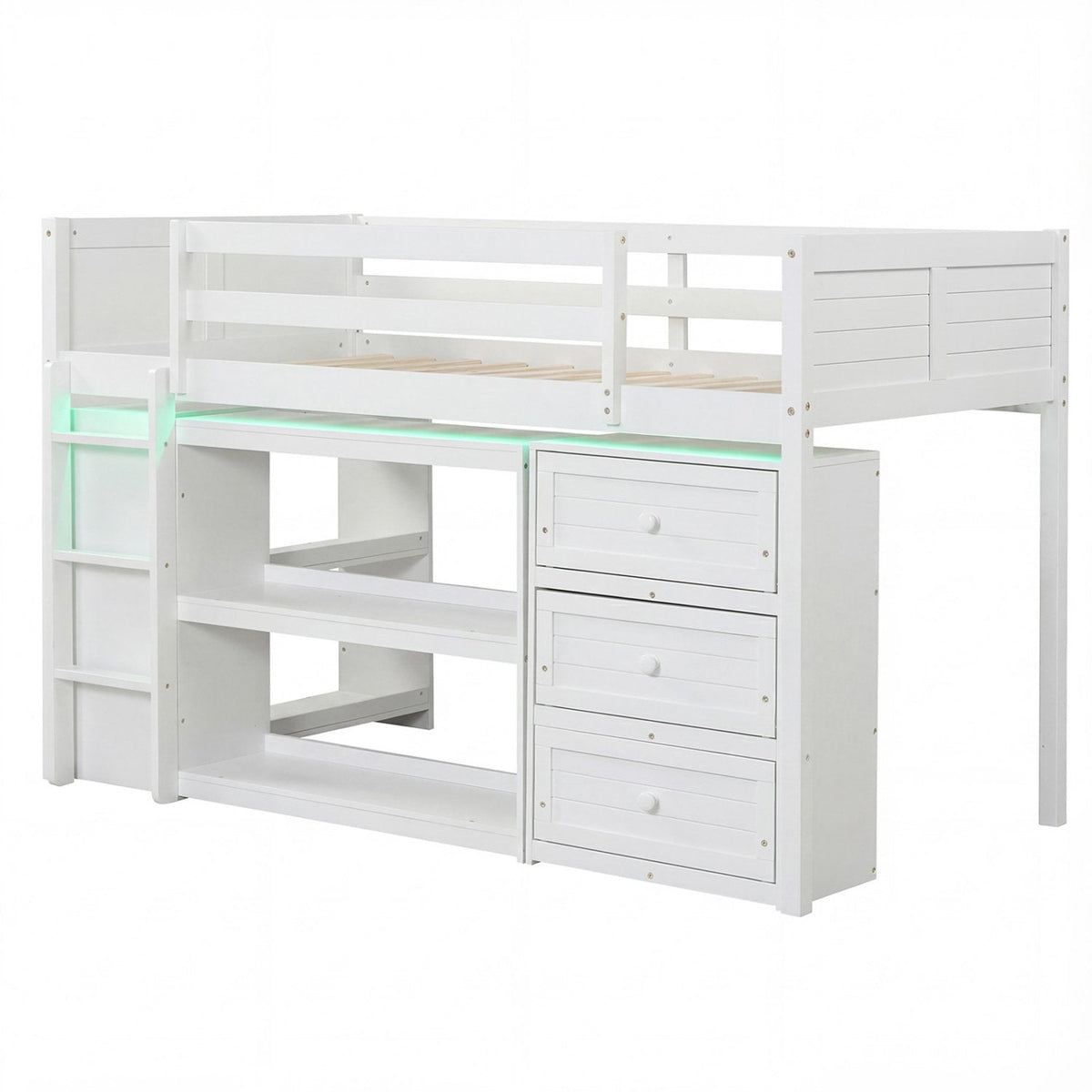 Twin Size Loft Bed with LED Lights and Underbed Space for Kids-White