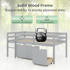 Twin Size Low Loft Bed with 3 Drawers with Ladder and Full-length Guardrails-Gray
