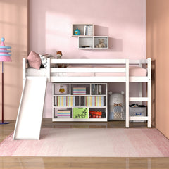 Twin Size Low Sturdy Loft Bed with Slide Wood-White