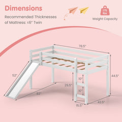 Twin Size Low Sturdy Loft Bed with Slide Wood-White