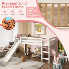 Twin Size Low Sturdy Loft Bed with Slide Wood-White