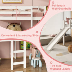 Twin Size Low Sturdy Loft Bed with Slide Wood-White