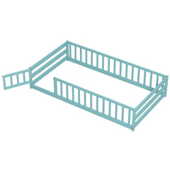 Twin Size Montessori Floor Bed Frame with Full Length Safety Guardrails-Dark Green