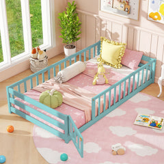 Twin Size Montessori Floor Bed Frame with Full Length Safety Guardrails-Dark Green