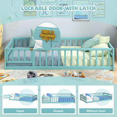 Twin Size Montessori Floor Bed Frame with Full Length Safety Guardrails-Dark Green