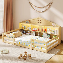 Twin Size Montessori Floor Bed with Storage Compartments and Shelf-Natural