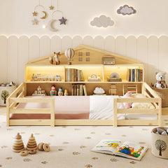 Twin Size Montessori Floor Bed with Storage Compartments and Shelf-Natural