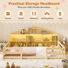 Twin Size Montessori Floor Bed with Storage Compartments and Shelf-Natural