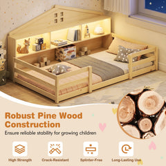 Twin Size Montessori Floor Bed with Storage Compartments and Shelf-Natural