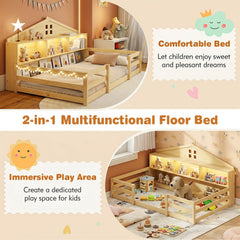 Twin Size Montessori Floor Bed with Storage Compartments and Shelf-Natural
