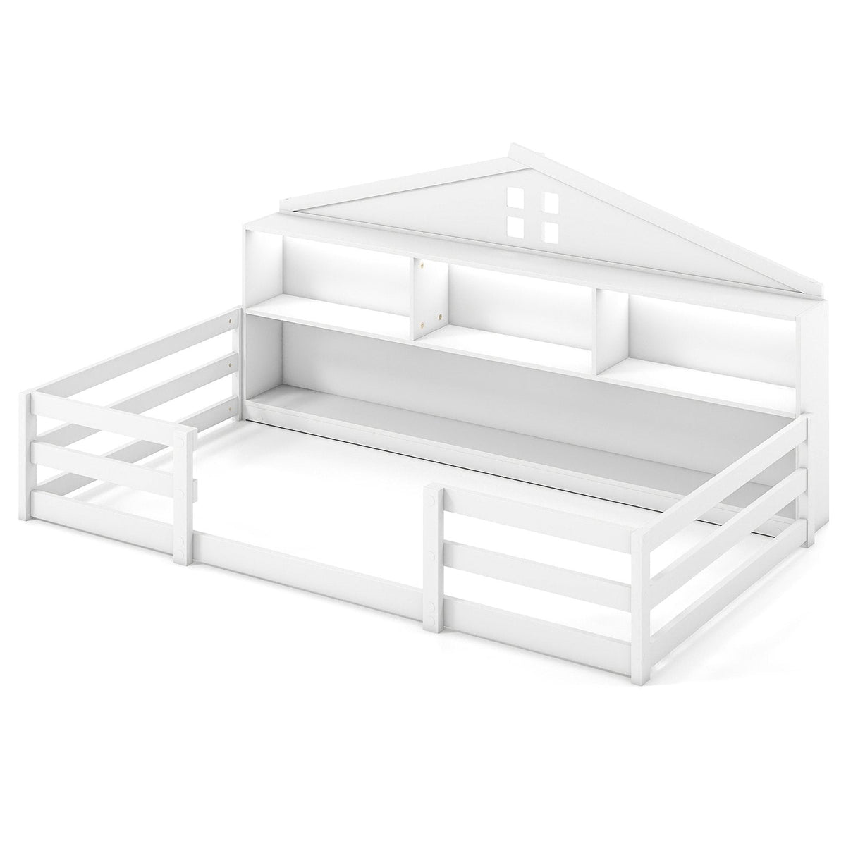 Twin Size Montessori Floor Bed with Storage Compartments and Shelf-White