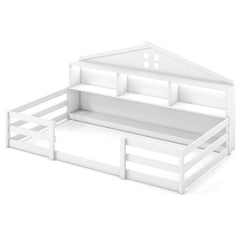 Twin Size Montessori Floor Bed with Storage Compartments and Shelf-White