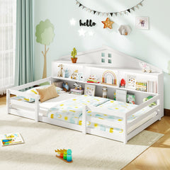 Twin Size Montessori Floor Bed with Storage Compartments and Shelf-White