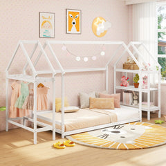 Twin Size Montessori Floor House Bed with Detachable Storage Shelves-White