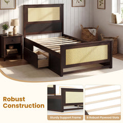 Twin Size Rattan Bed Frame with Storage Drawers-Coffee