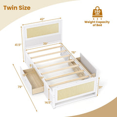 Twin Size Rattan Bed Frame with Storage Drawers-White