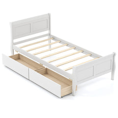 Twin Sleigh Bed with 2 Rolling Drawers and Curved Footboard, White