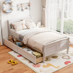 Twin Sleigh Bed with 2 Rolling Drawers and Curved Footboard, White