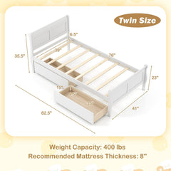 Twin Sleigh Bed with 2 Rolling Drawers and Curved Footboard, White