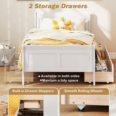 Twin Sleigh Bed with 2 Rolling Drawers and Curved Footboard, White