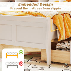 Twin Sleigh Bed with 2 Rolling Drawers and Curved Footboard, White