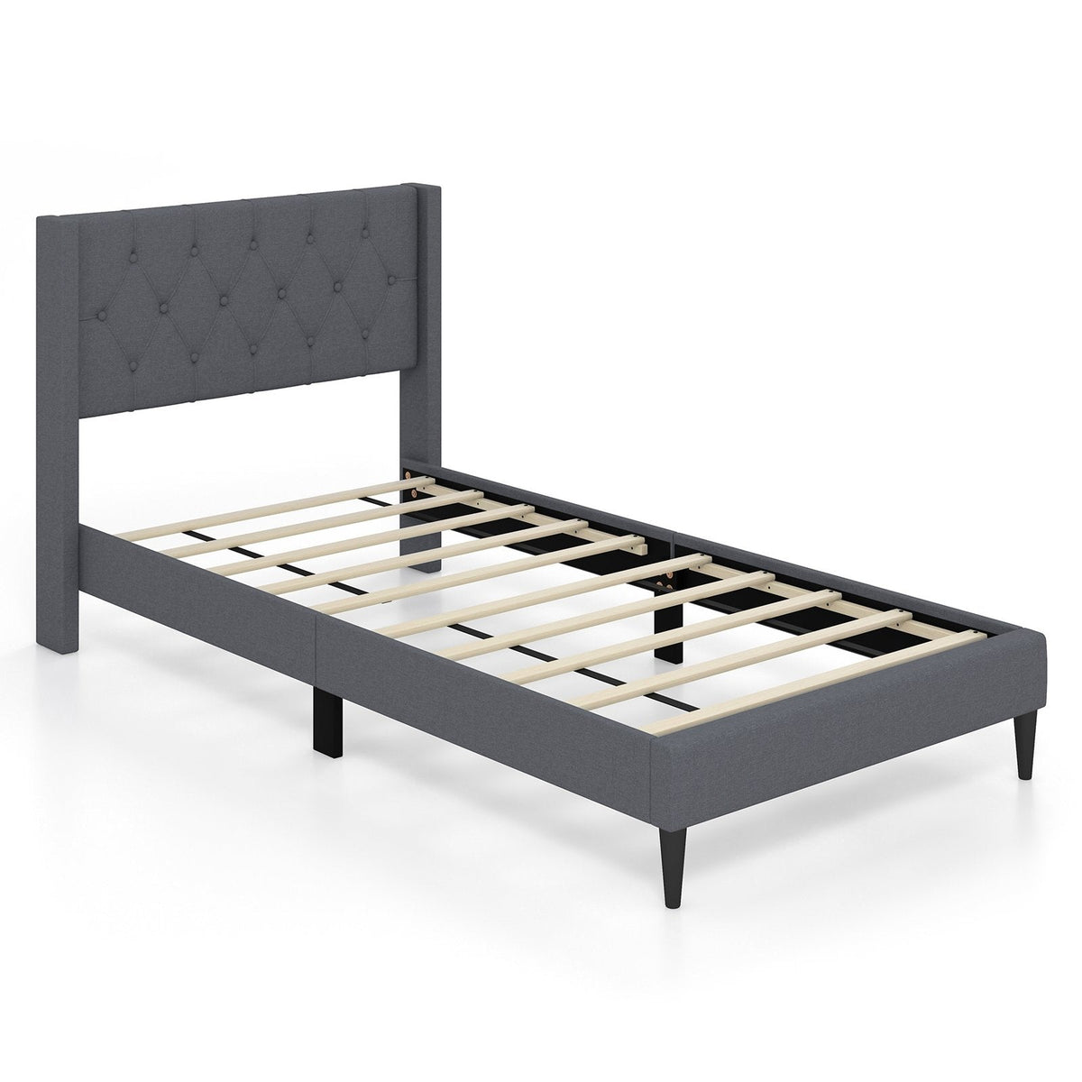 Twin Linen Platform Bed with Button Tufted Wingback Headboard, Grey
