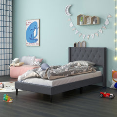 Twin Linen Platform Bed with Button Tufted Wingback Headboard, Grey