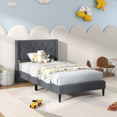 Twin Linen Platform Bed with Button Tufted Wingback Headboard, Grey