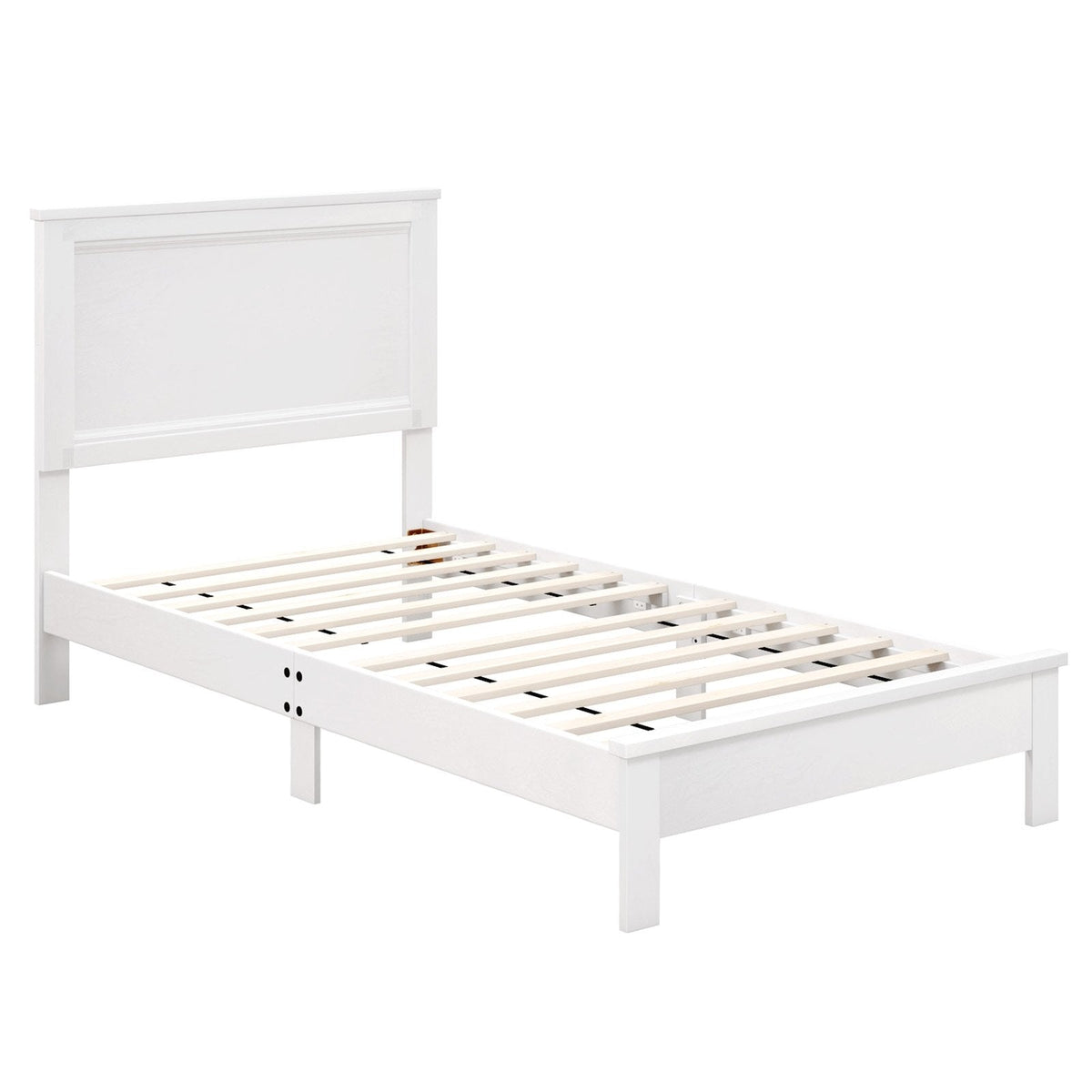 Twin Wood Platform Bed with Panelled Headboard and 12 Thickened Slats, White