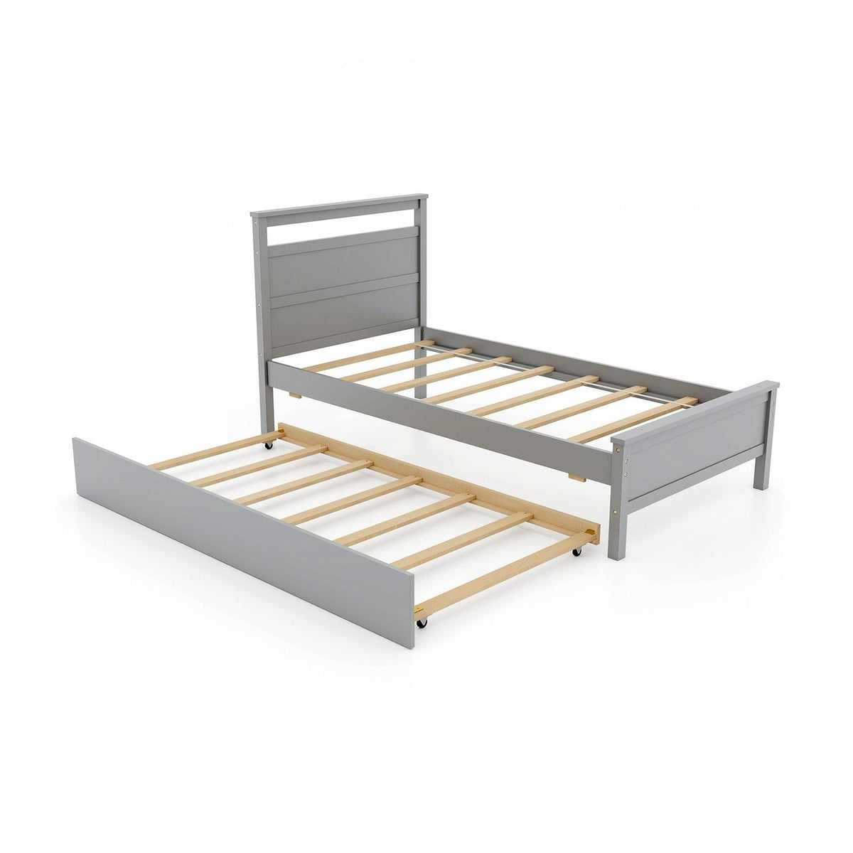 Twin Size Wooden Bed Frame with Trundle for Teens and Adults-Gray