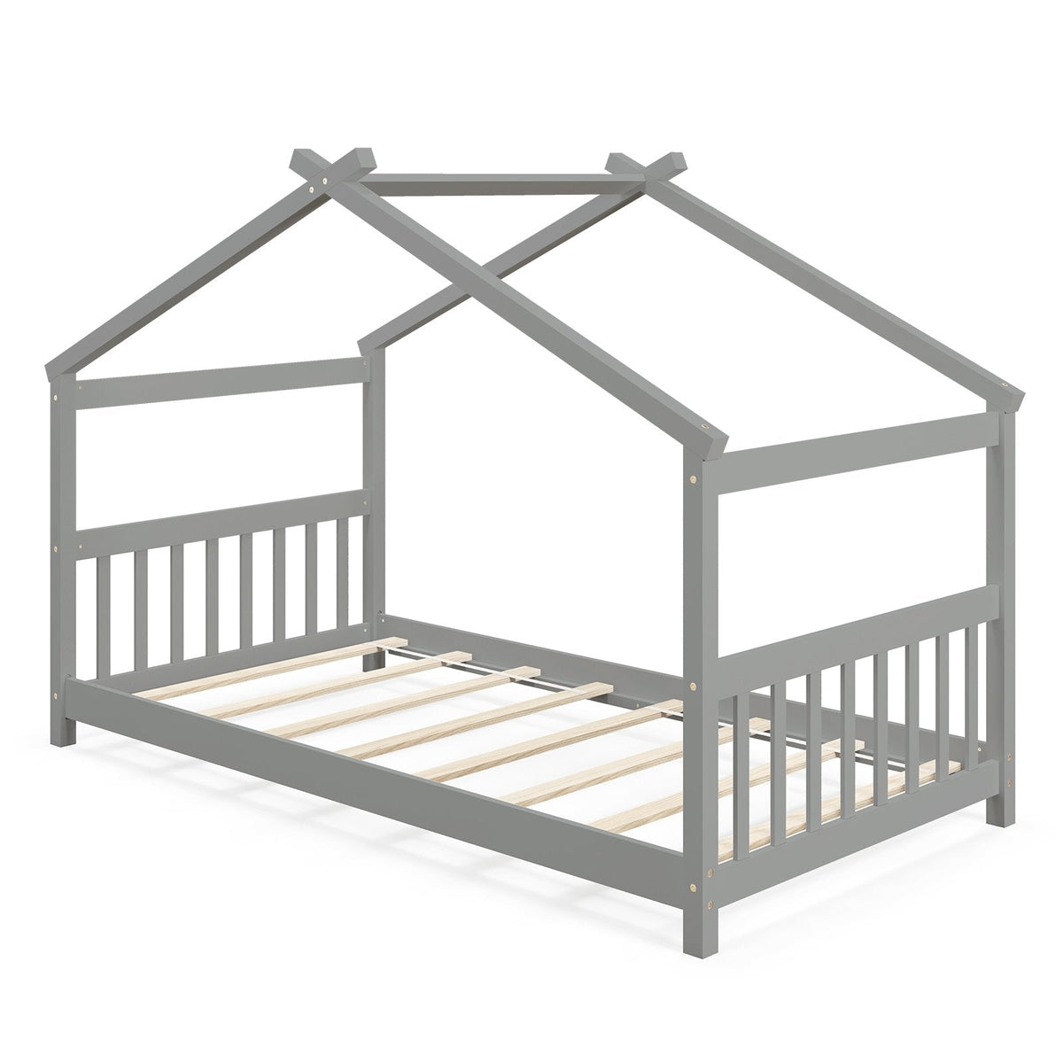 Twin House Bed with Pitched Roof, Side Rails and 8 Wooden Slats, Grey