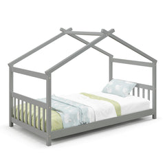 Twin House Bed with Pitched Roof, Side Rails and 8 Wooden Slats, Grey