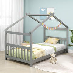 Twin House Bed with Pitched Roof, Side Rails and 8 Wooden Slats, Grey
