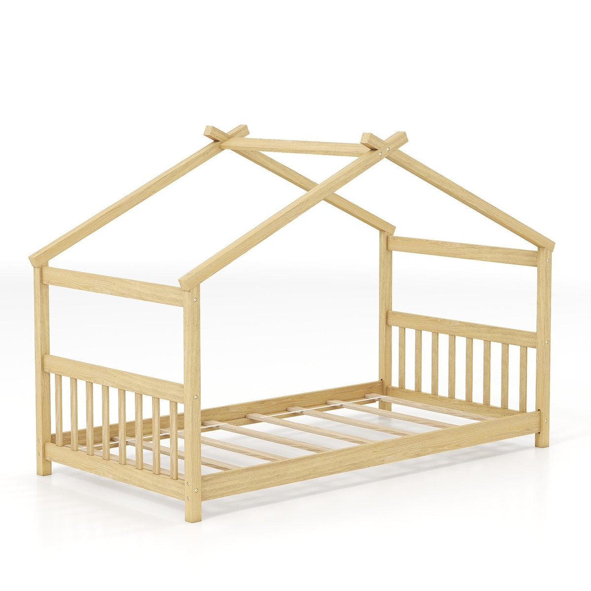 Twin House Bed with Pitched Roof, Side Rails and 8 Wooden Slats, Natural