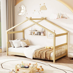 Twin House Bed with Pitched Roof, Side Rails and 8 Wooden Slats, Natural