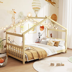 Twin House Bed with Pitched Roof, Side Rails and 8 Wooden Slats, Natural