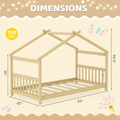 Twin House Bed with Pitched Roof, Side Rails and 8 Wooden Slats, Natural