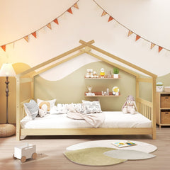 Twin House Bed with Pitched Roof, Side Rails and 8 Wooden Slats, Natural