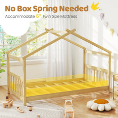 Twin House Bed with Pitched Roof, Side Rails and 8 Wooden Slats, Natural