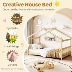 Twin House Bed with Pitched Roof, Side Rails and 8 Wooden Slats, Natural