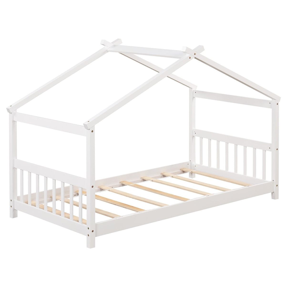 Twin House Bed with Pitched Roof, Side Rails and 8 Wooden Slats, White