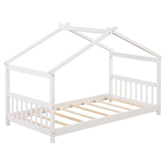 Twin House Bed with Pitched Roof, Side Rails and 8 Wooden Slats, White