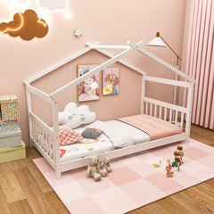 Twin House Bed with Pitched Roof, Side Rails and 8 Wooden Slats, White