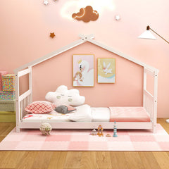 Twin House Bed with Pitched Roof, Side Rails and 8 Wooden Slats, White