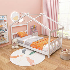 Twin House Bed with Pitched Roof, Side Rails and 8 Wooden Slats, White
