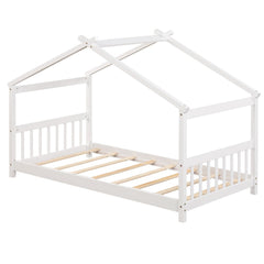 Twin House Bed with Pitched Roof, Side Rails and 8 Wooden Slats, White