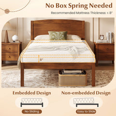Twin Size Wooden Platform Bed Frame with Curved Headboard-Walnut