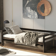 Twin Size Trundle Platform Bed Frame with, Wooden Slat Support-Dark Brown